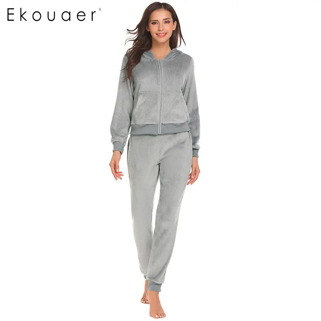 Ekouaer/теплые женские пижамные комплекты зимняя одежда для сна из флиса с капюшоном
