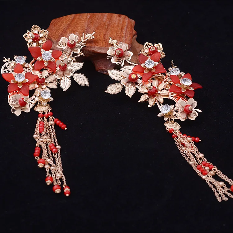 2018 new Chinese flower Red beads tassel bride head wear ancient tiara costume wedding hair jewelry | Украшения и аксессуары
