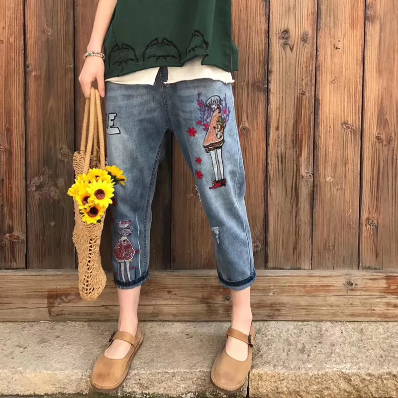 Летние джинсы женские ретро тонкий тип эластичный пояс джинсовые брюки новые