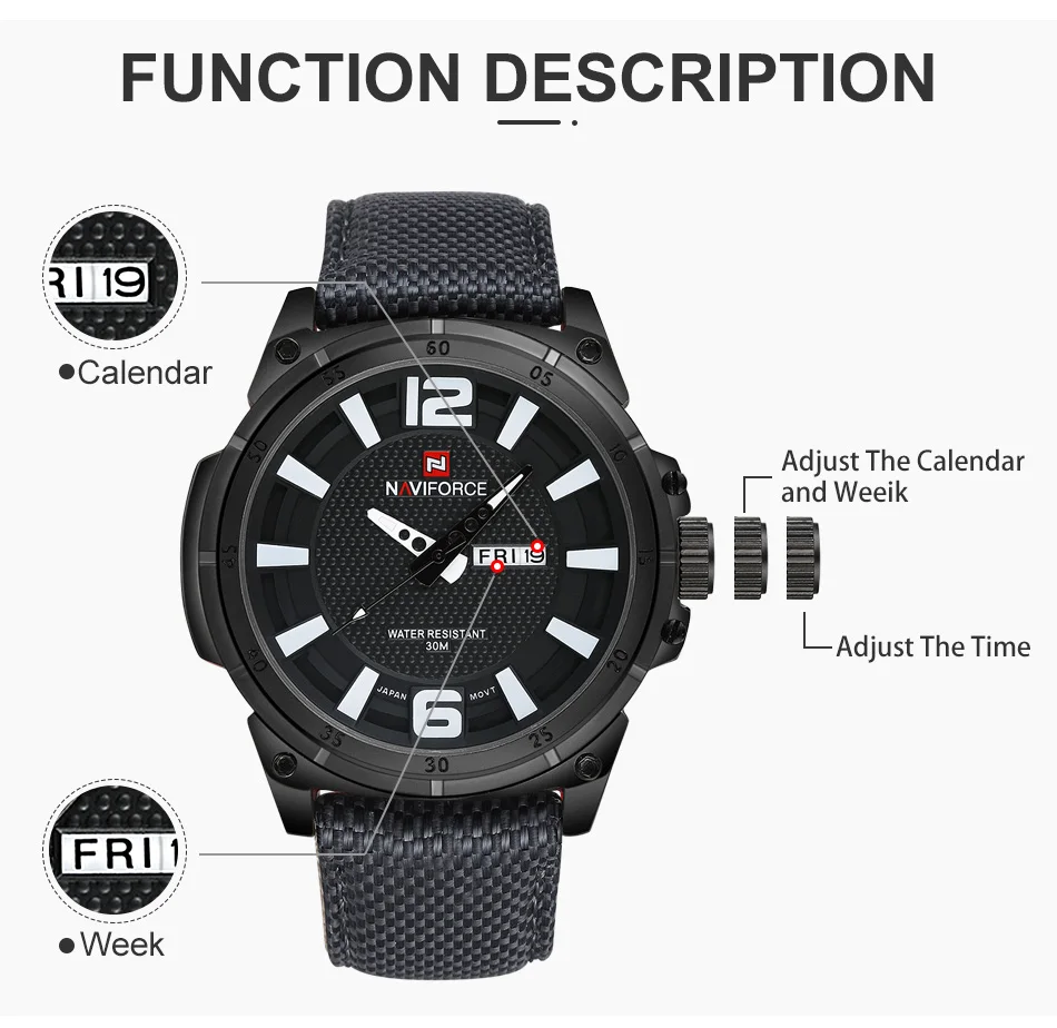 NAVIFORCE Mens Watches Top Brand Luxury Men Fashion Business Quartz Watch Male Nylon Strap Wristwatch with Date and Week Display