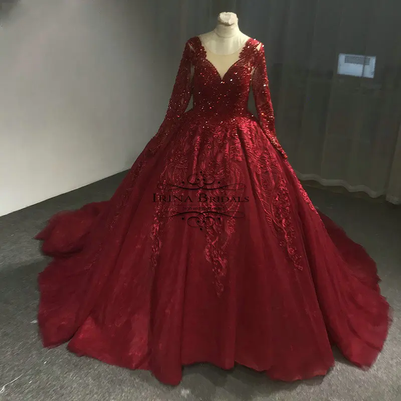 Ирина особого торжества vestido de novia в стиле «Принцесса» с длинными рукавами с кружевной аппликацией; прозрачные, черные, красные, серые, синие свадебное платье