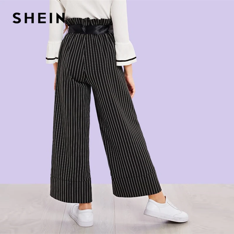 SHEIN/черные повседневные штаны в Вертикальную Полоску с поясом для девочек; леггинсы для девочек; коллекция года; сезон весна; модные широкие штаны; корейская детская одежда