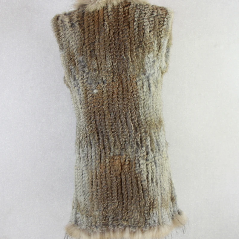 2019 Real rabbit fur vest Women knitted genuine raccoon  fur vest  overcoat pocket garment & raccoon collar without hood