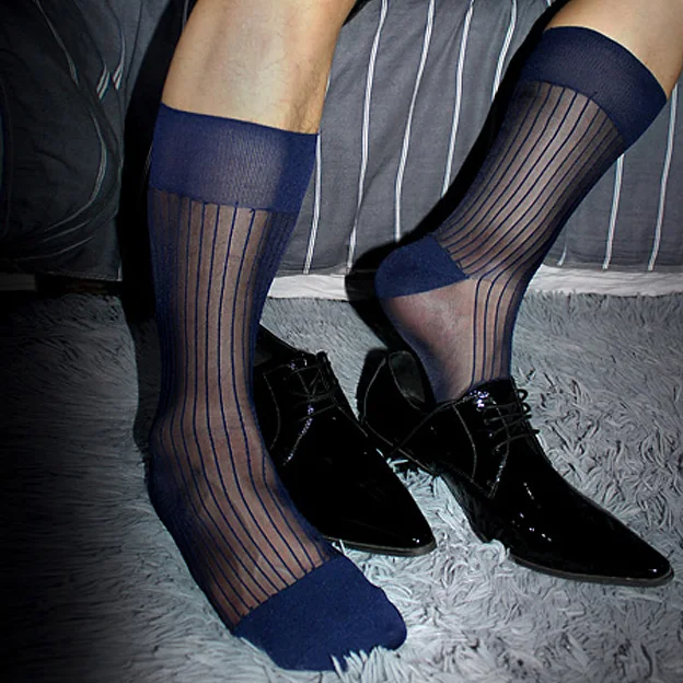 Navy Мужские нейлоновые шелковые носки, полосатые прозрачные вещи, сексуальные официальные мужские длинные носки, мягкие шелковые носки для мужчин, деловые - Цвет: Navy
