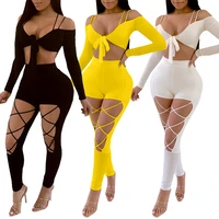 beach nightclub party 2 piece sets women summer outfits bow tie crop top and hollow out pant set sexy two piece set top and pant