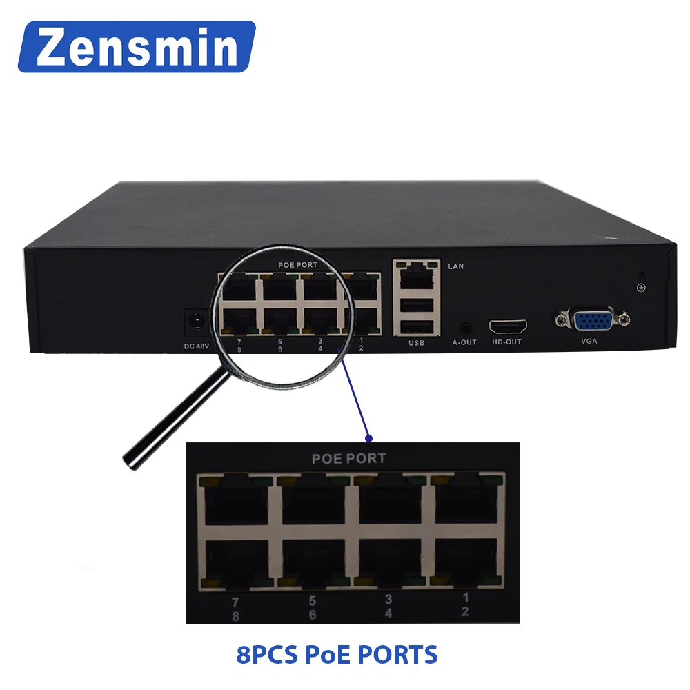 Zensmin H.265 FULL HD 4ch 8ch IP PoE NVR 3.0MP 2.0MP 1.0MP p2p 48V2A VGA HDMI Onvif 1 SATA 6 ТБ USB резервного копирования