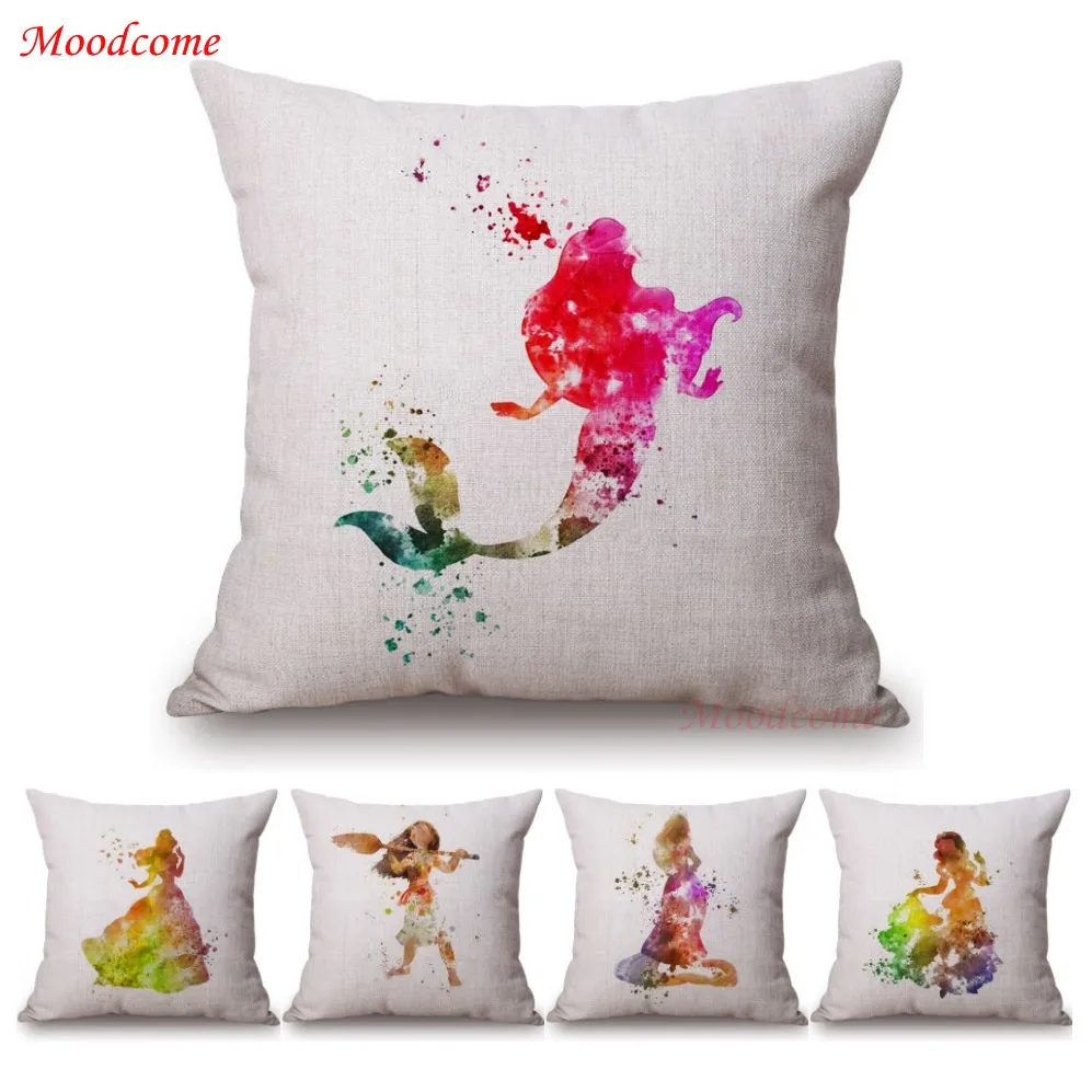 Watercolor Princess Baby Girl Decorative Sofa Throw Pillows Fairy Tale Heroines Girl Home Decor Sofa Cushion Square Car Pillows
