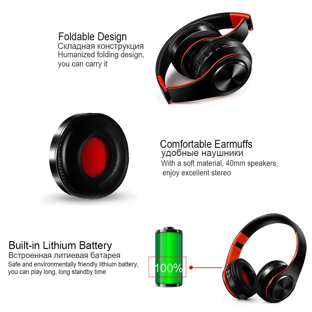 Bluetooth Headset Stereo Audio Wireless Headphones Fordable Wired Earphones With Microphone and FM radio For PC mobile phone Mp3 |