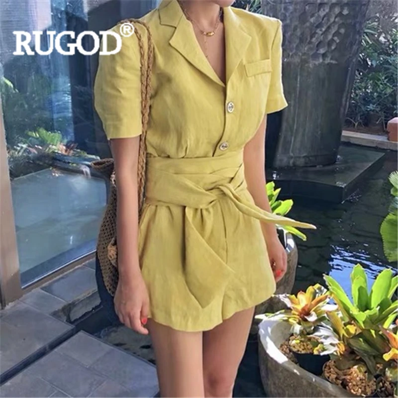 Женский комбинезон RUGOD однотонный хлопковый с отложным воротником и поясом