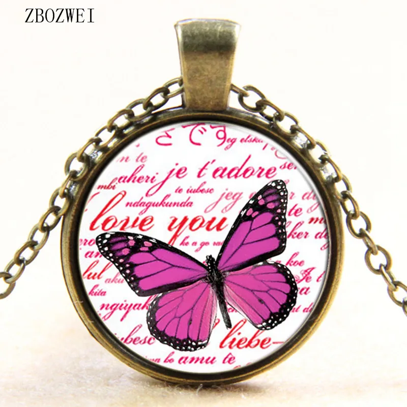 2018/новое популярное ожерелье с подвеской из стекла в виде розово Красной бабочки