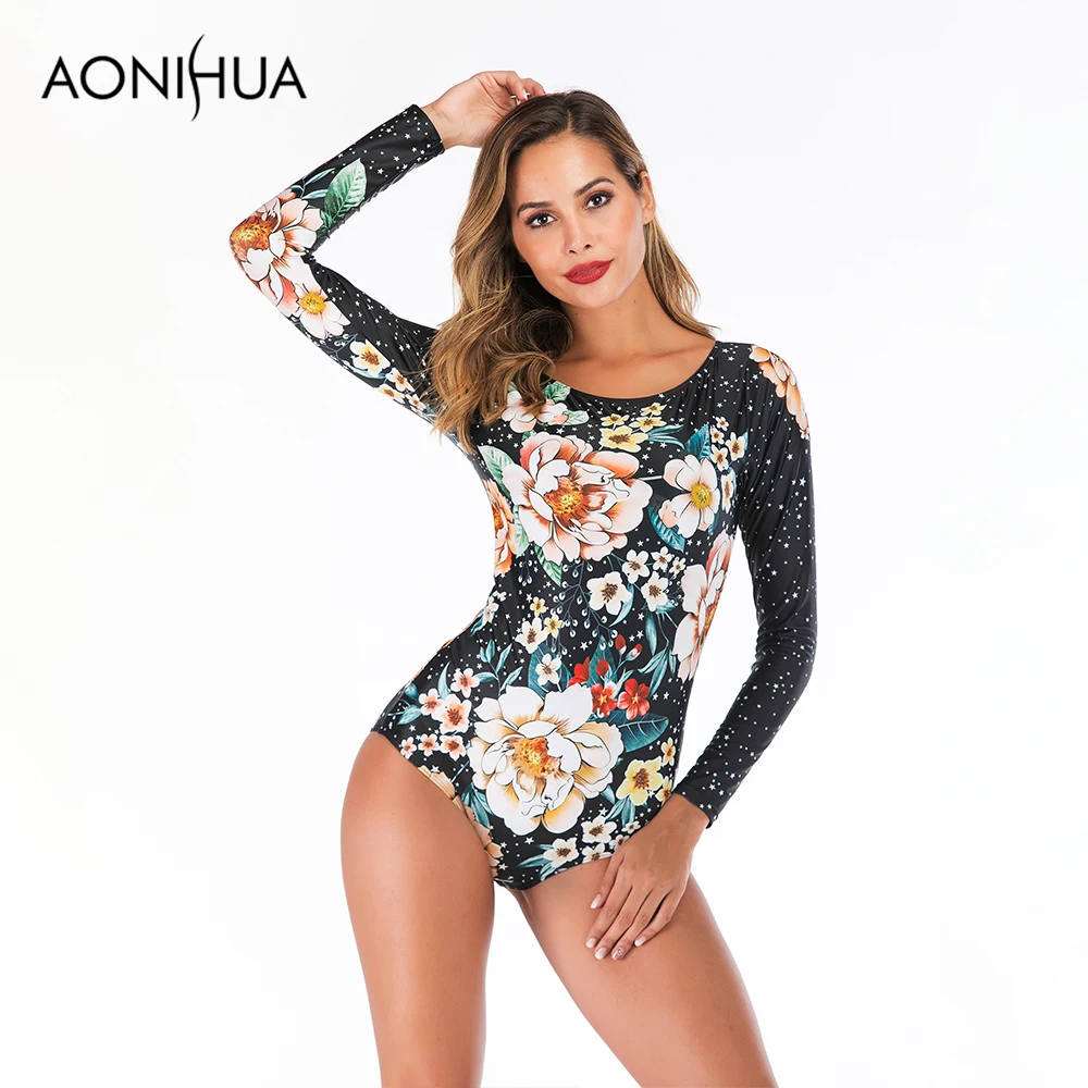 Слитный купальник Aonihua 2019 с цветочным принтом и подушечкой длинным рукавом