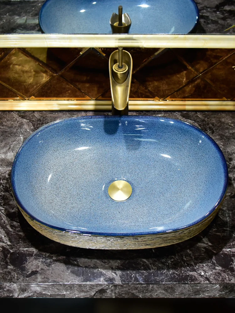Lavabo бассейна художественный керамика и фарфор сценический эллиптический восстановление древних способов туалет, балкон умывальник - Цвет: Синий