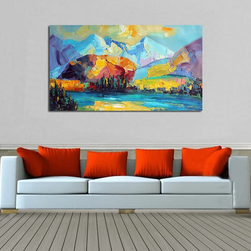 Hand painted mountain landscape oil painting modern abstract colorful village scenery on canvas home decor | Дом и сад