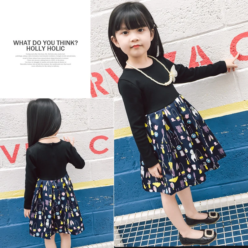 

2017 Children Girl Long Sleeve Dress with necklace Kids Girls Cartoon Printed Spring Fall Dresses Princess Clothes Vestidos
