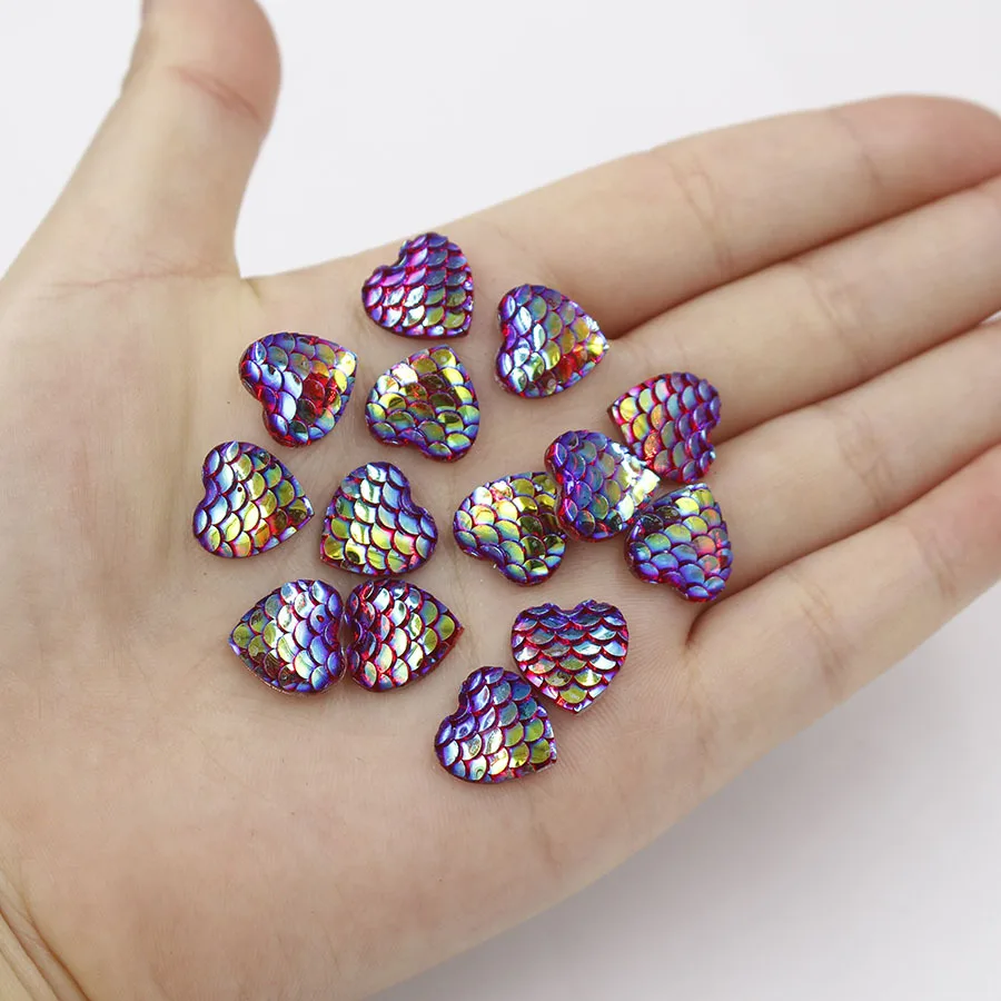 Fnixtar 100pcs 12mm shiny AB color figure of fish scale heart Resin Flat back Cabochon Art Supply Decoration Charm Craft | Украшения и