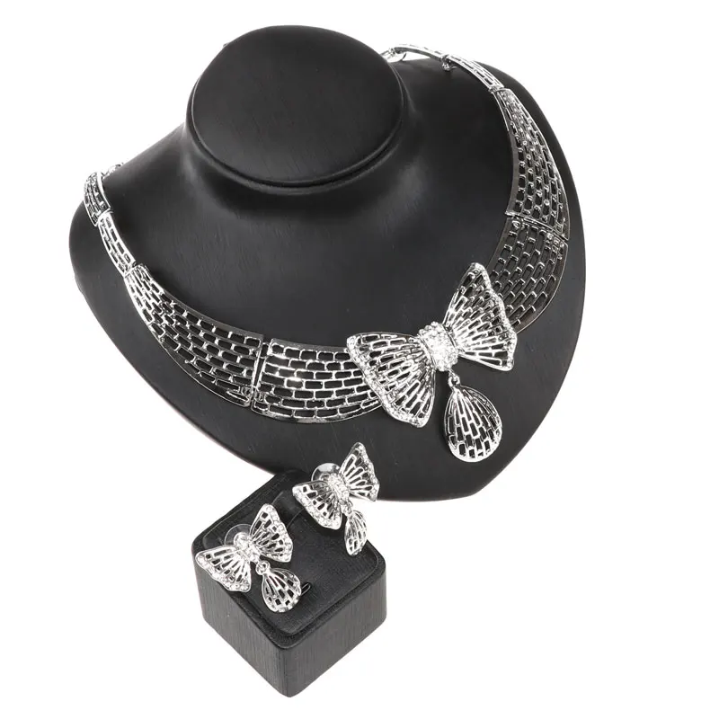 Fashion Silver Plated Jewelry Sets For Women Crystal Butterfly Pendant Necklace Earring Jewellery Set Bridal Wedding Accessories | Украшения