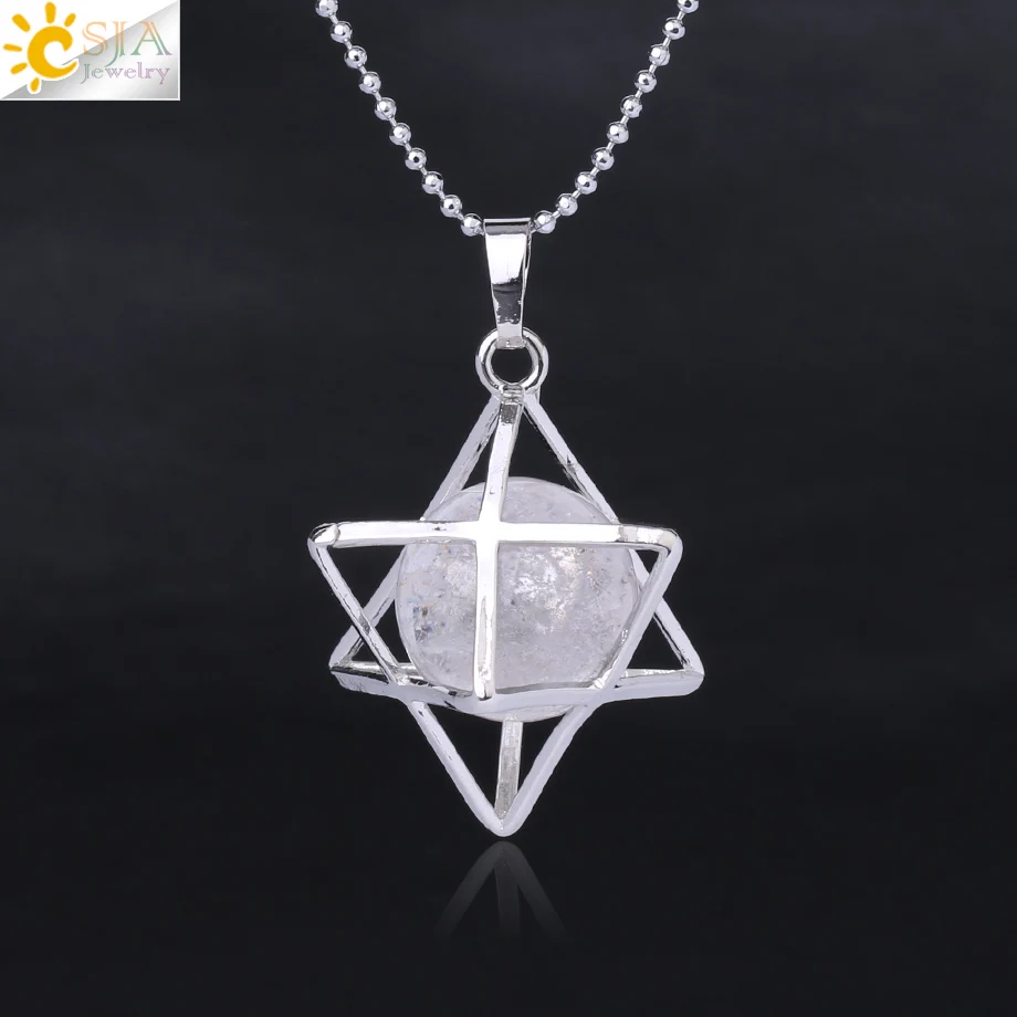 Clear Crystal Chain CSJA Натуральный камень гексаграмма подвески, заряжающие энергией Цепочки и ожерелья Религия символ медитации рейки Меркаба кулон для Для женщин Для мужчин ювелирные изделия F876 - Окраска металла: Clear Crystal Chain