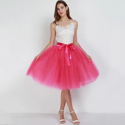 rose red Летний стиль 6-слойное бальное платье по колено пачка Тюлевая юбка с эластичной резинкой на талии, с качели бальное платье плиссированное платье с коротким и широким подолом юбки Saias - Цвет: rose red
