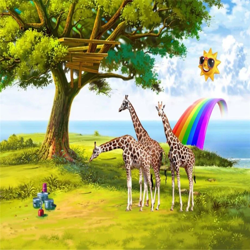 Пользовательские 3d обои HD Детская комната Жираф солнце Радуга Декорация |