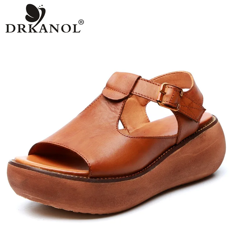 DRKANOL/ г.; босоножки; женская летняя обувь; женские сандалии-гладиаторы с открытым носком; босоножки на танкетке; Босоножки на платформе в стиле ретро из натуральной коровьей кожи