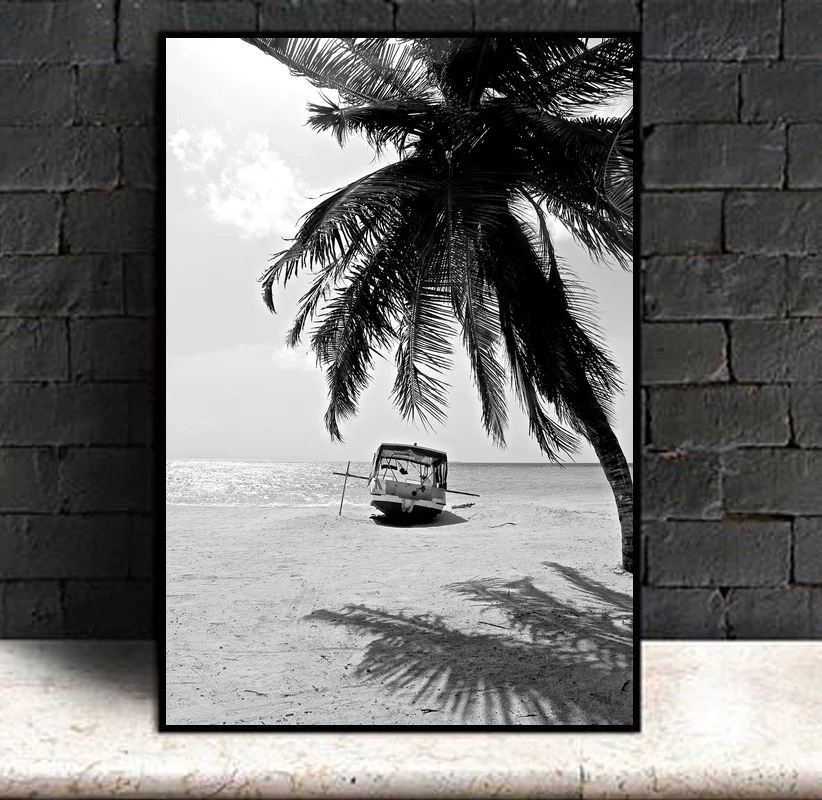 Nordic Tropical Palm Tree Canvas Painting Black White Beach Poster Print Landscape Wall Art Picture for Living Room Home Decor | Дом и сад