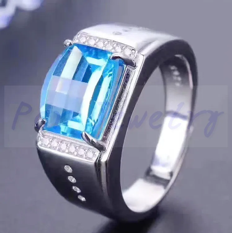Мужское кольцо из серебра 925 пробы с натуральным голубым топазом 6 карат|rings free