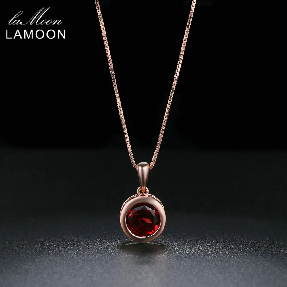 

LAMOON Crystal Necklace For Women Natural Round Garnet 925 Sterling Silver Chain Pendant 18K Rose Gold Plated Fine Jewelry NI064