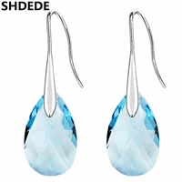 shdede fashion jewelry pear shape drop dangle earrings blue crystal from swarovski long pendant water women gift 45