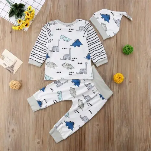 Spring Fall Style Cotton Newborn Clothes Infant Baby Boy Dinosaur Long Sleeve Shirt+Long Pants Hat Children 3Pcs Outfits |