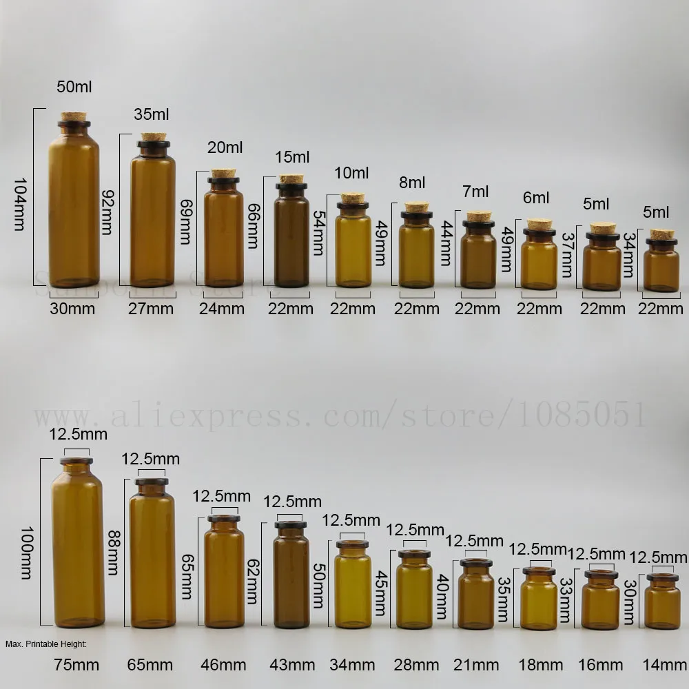 5pcs Small Empty 5ml 10ml 15ml 20ml 35ml 50ml Amber Glass Wishing Bottle Vials Cork Jar For Wedding DIY Decoration Gift Storage | Красота и