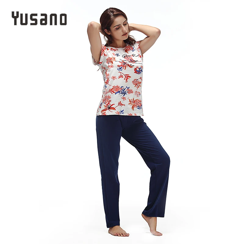 Yusano Cotton Pajamas Women Floral O neck Sleepwear for Girl Sleeveless Top & Long Pants Soft Pijama Feminino Inverno 2017|cotton pajamas|cotton
