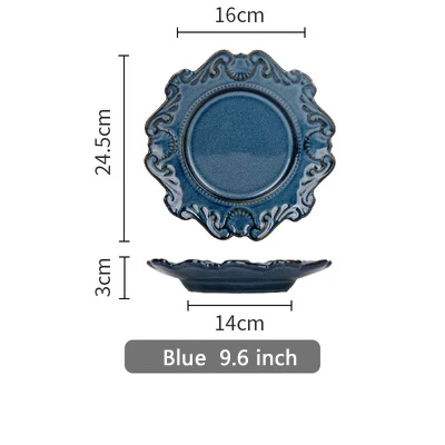 Blue 9.6 inch Европейские ретро керамические тарелки, посуда, обеденные тарелки с керамическим тиснением, фарфоровая десертная тарелка, тарелка для торта - Цвет: Blue 9.6 inch