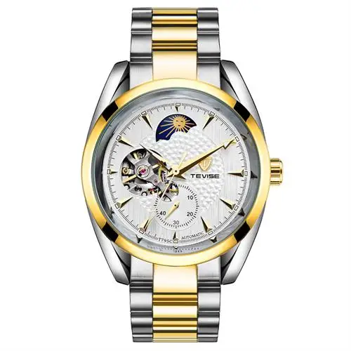 Часы мужские механические automatic Tourbillon деловые мужские часы Moon Phase стальные мужские часы водонепроницаемые наручные часы Tevise T795c - Цвет: Gold White