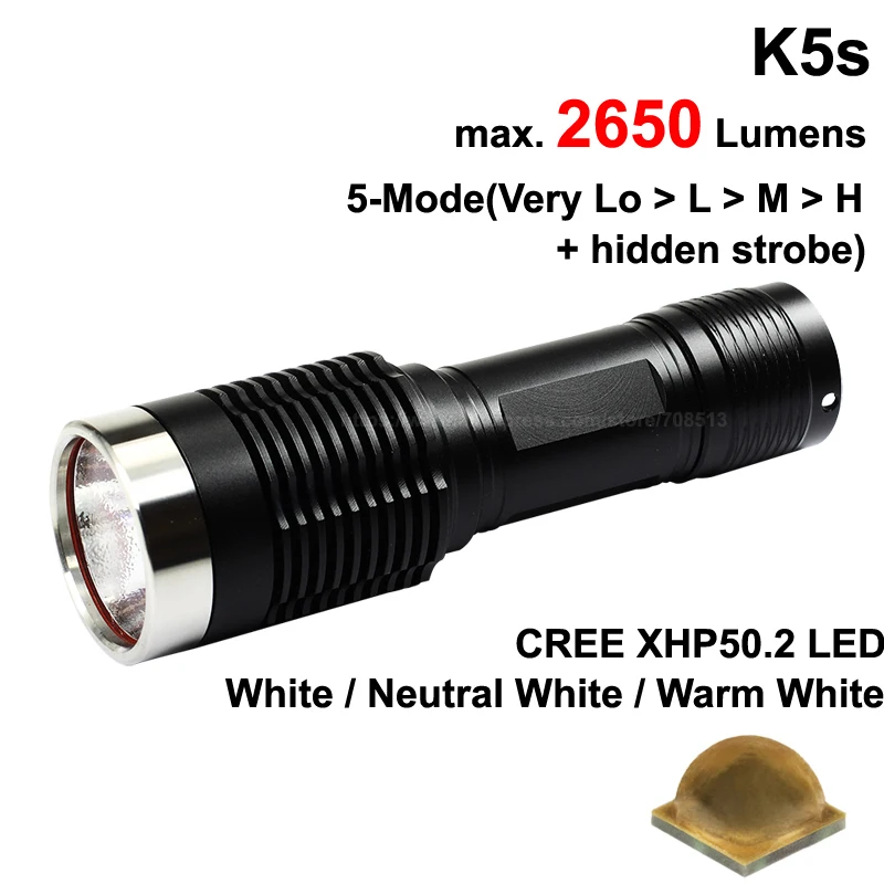 K5s Cree XHP50.2 белый 6500K/нейтральный 5000K/теплый 3000K 2650 люмен 5 режимный светодиодный