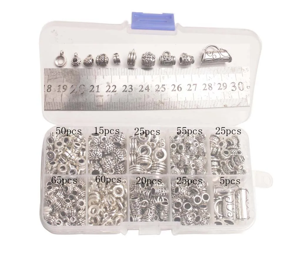 

Whole Sales 345PCS/BOX Antiqued Silver Metal Bail Links W/Container (10 Styles)