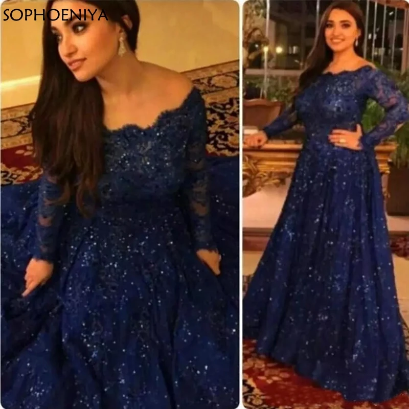 

New Arrival Long sleeve evening dresses 2023 Lace Evening dress Party Evening gowns Robe de soiree abiye gown Navy blue gown