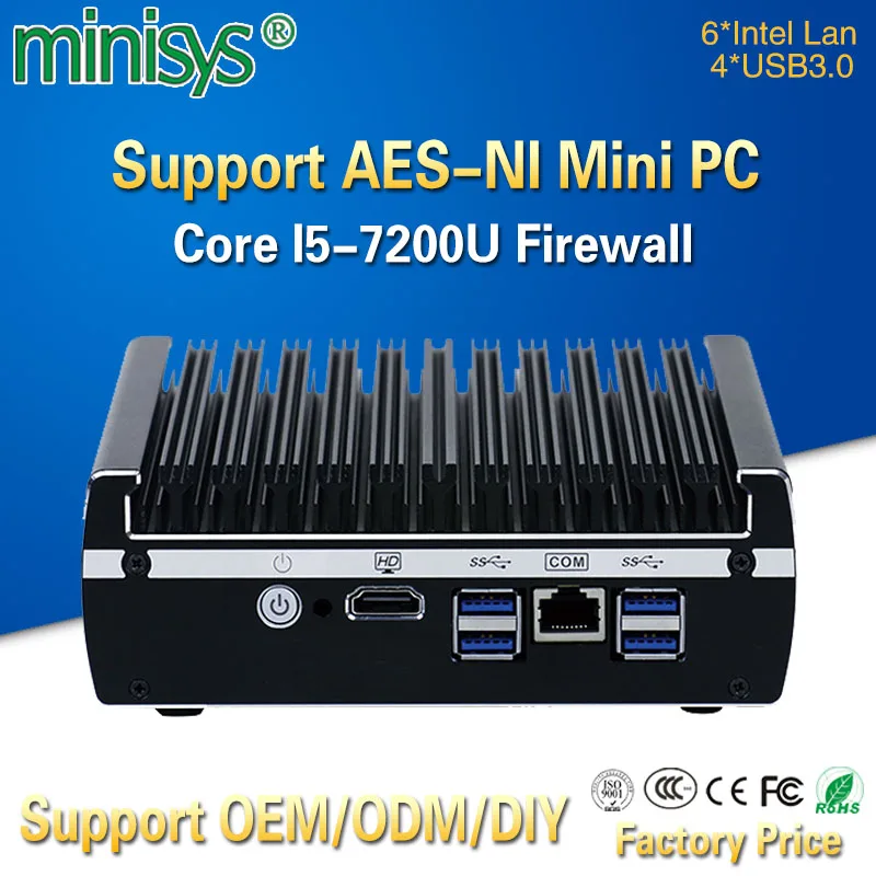 Minisys маленький домашний брандмауэр сервер 6 Lan порт Intel Kaby lake Core I5-7200U процессор безвентиляторный ВПН Pfsense Мини ПК с 4 USB3.0 AES-NI