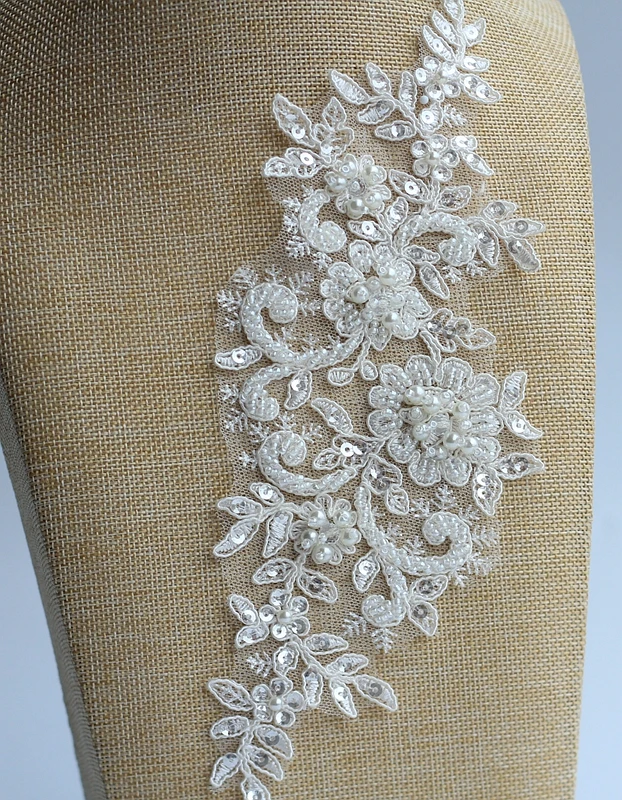 Ivory Alencon Lace Applique Beaded Sequined Patch For Wedding Supplies Bridal Hair Flower Headpiece | Patches
