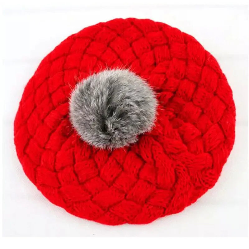 Berets are popular in winter Rabbit hair ball hat for children Chaobao knitted cap Monochromatic ear protector wool gifts | Аксессуары