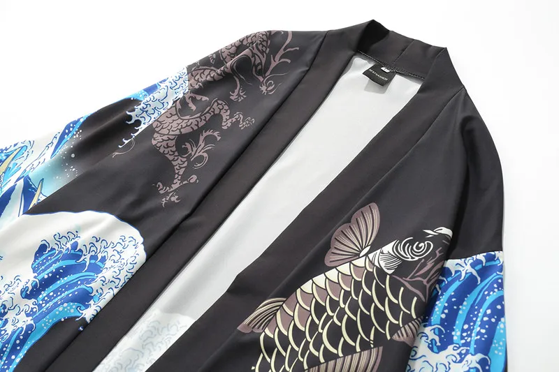 Apanese Kimono Cardigan Men Wave and Carp Print Long Thin Mens Jacket Coat 2019 | Мужская одежда