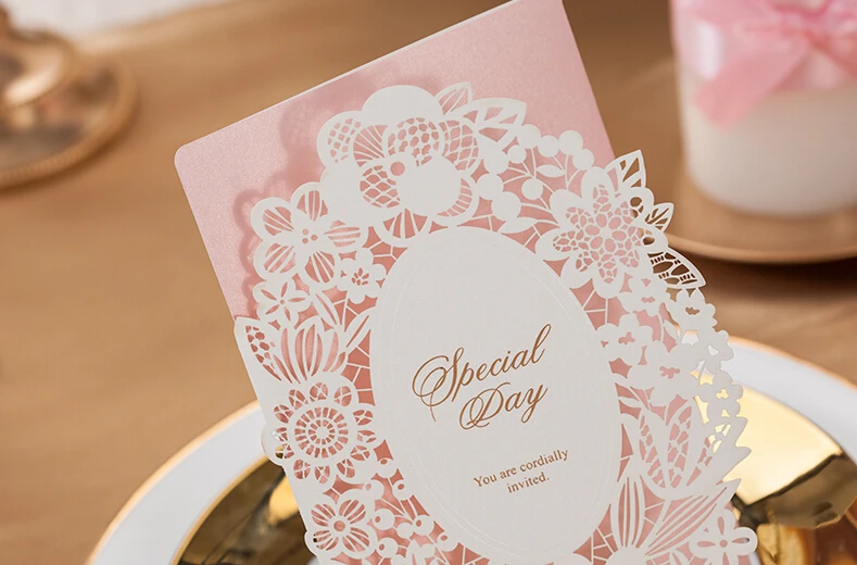 Лазерная Резка Розовый Цвет Цветочный дизайн Свадебные Приглашения Карты с