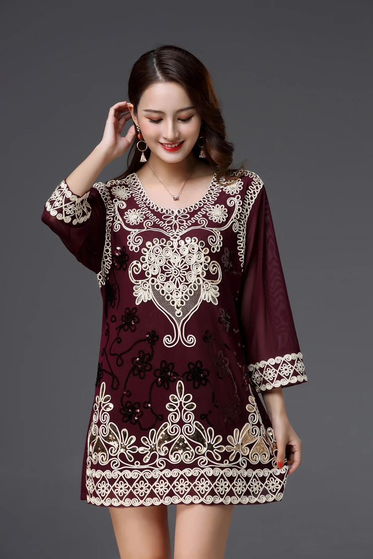 

3XL-5XL Plus Size Vintage Three Quarter Embroidery Floral O-neck Long Ladies Womens Tops And Blouses Women Tops Women Blouse 888