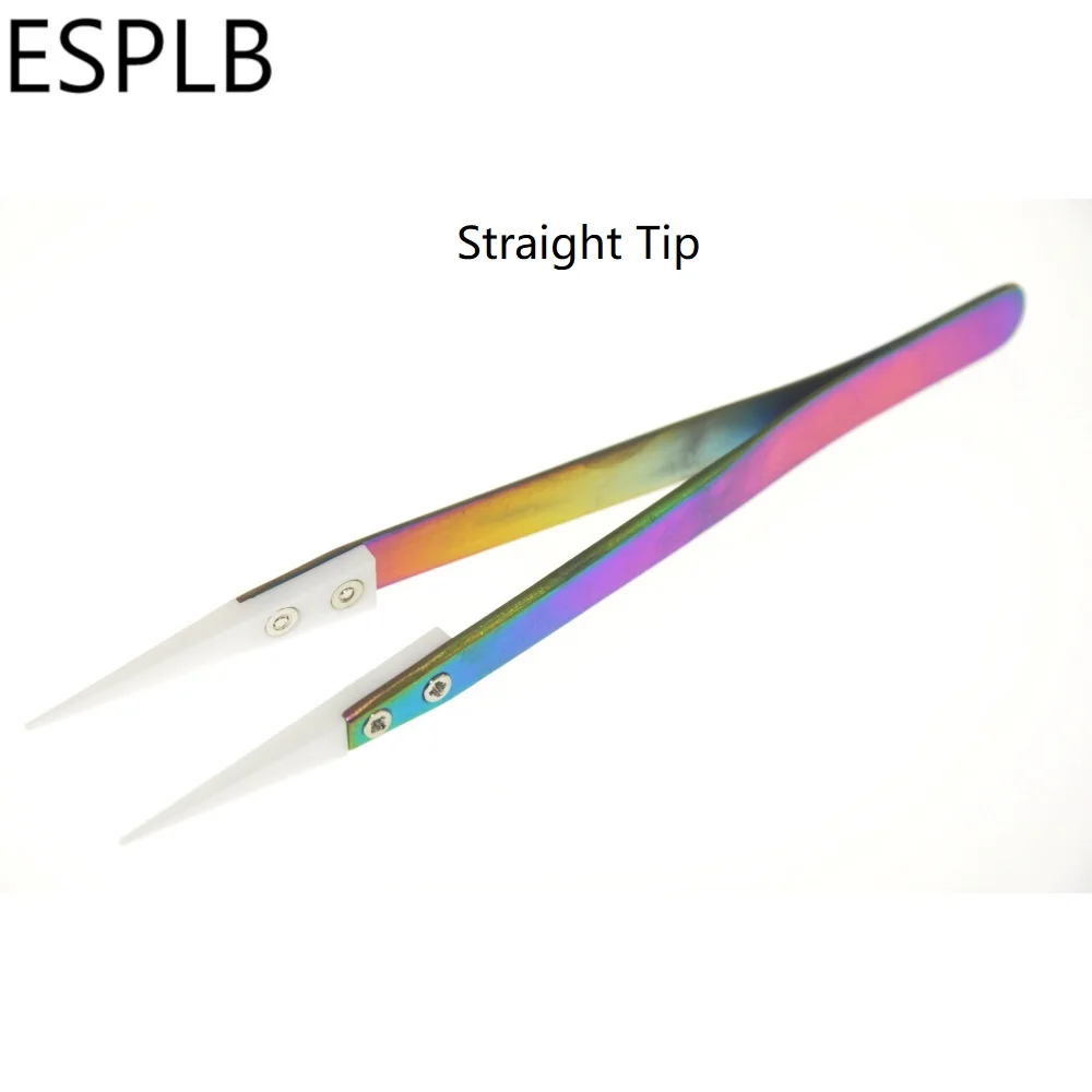 Straight Tip ESPLB Радуга керамические пинцеты сигареты, из нержавеющей стали термостойкие антистатическое покрытие точность пинцеты прямые, изогнутые - Тип головки пинцета: Straight Tip