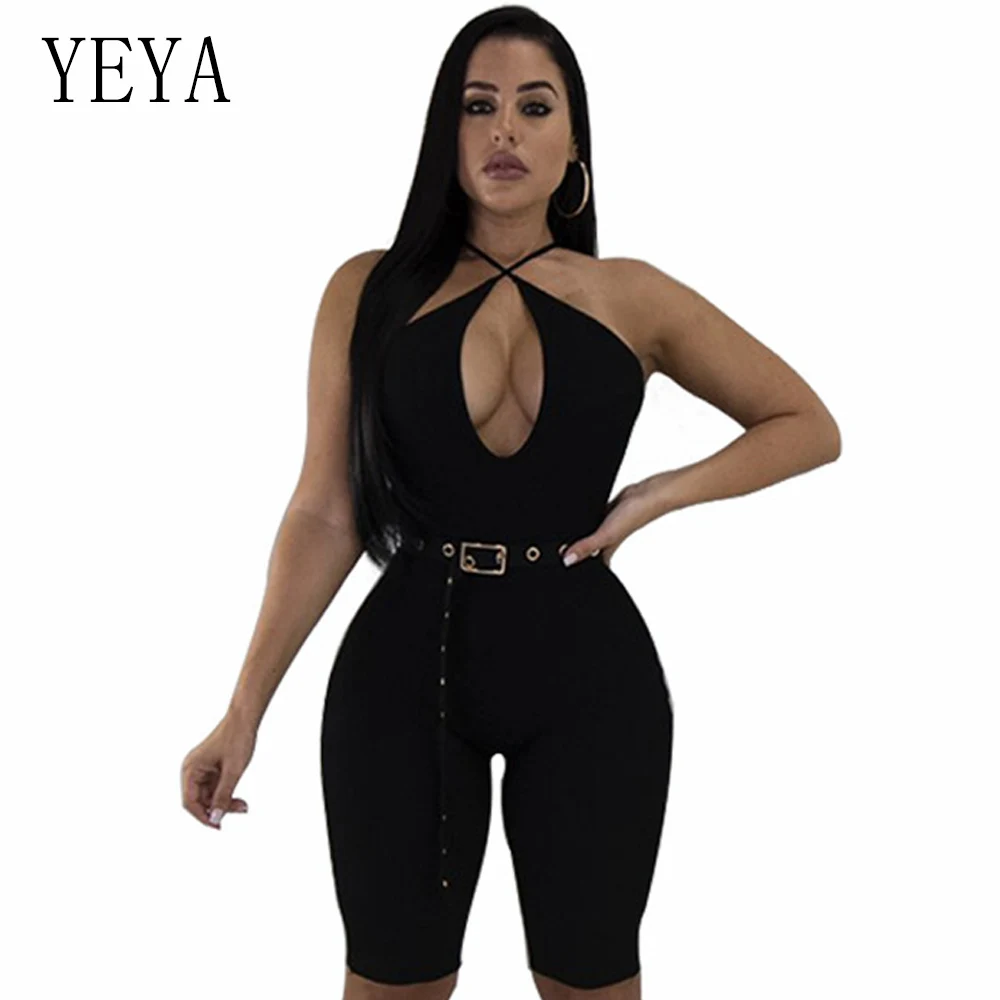 Black YEYA Летний комбинезон сексуальный с v-образным вырезом Спагетти ремень детские комбинезоны женский комбинезон с открытой спиной поясом облегающая одежда для клуба женский комбинезон - Цвет: Black