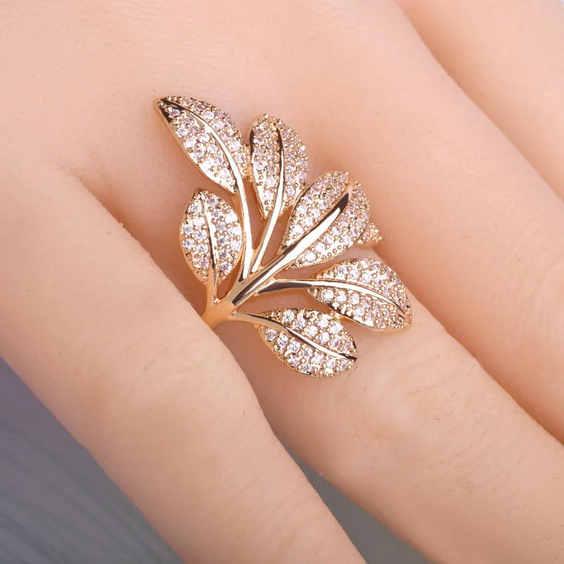 Индия Дубай Листья Сверкающих Циркон Кольца Перста Женщины Большой Широкий Aros