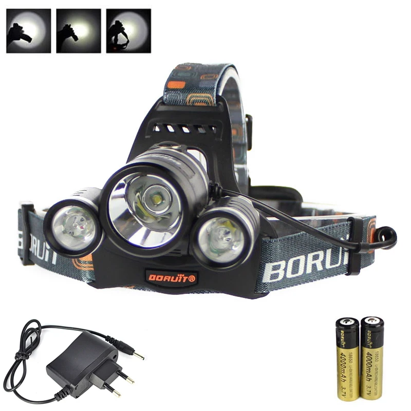 Налобный фонарь BORUIT 6000LM 3X XML T6 светодиодный с 4 режимами работы + 2X 18650 зарядное