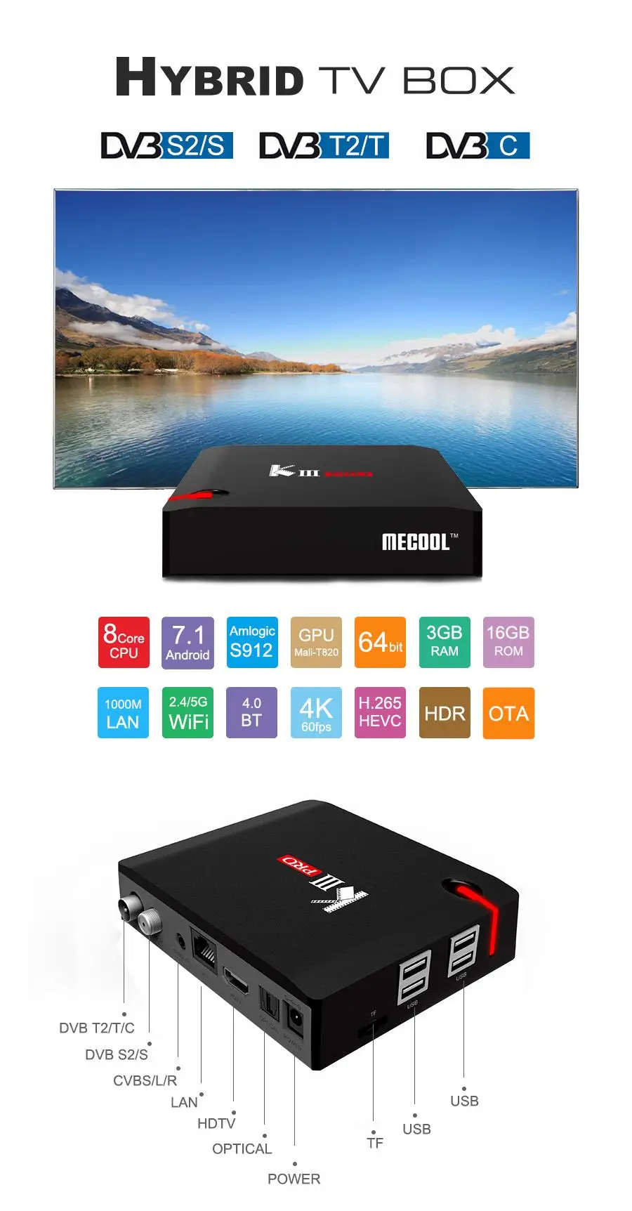 MECOOL KIII Pro Smart tv Box Amlogic Восьмиядерный S912 3 Гб 16 Гб DVB-T2 DVB-S2 Android 7,1 Newcam Biss Key tv Box