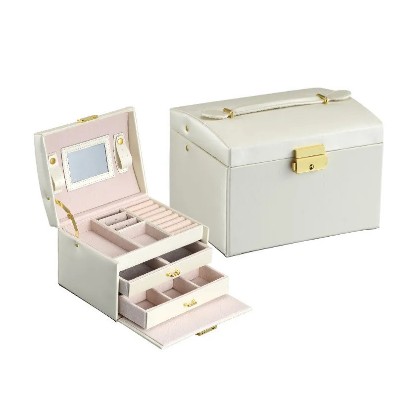 

Three-layer Double Drawer Jewelry Box Make up Cases Women PU Leather Girls Rings Earrings necklace Accessories Storage Organizer