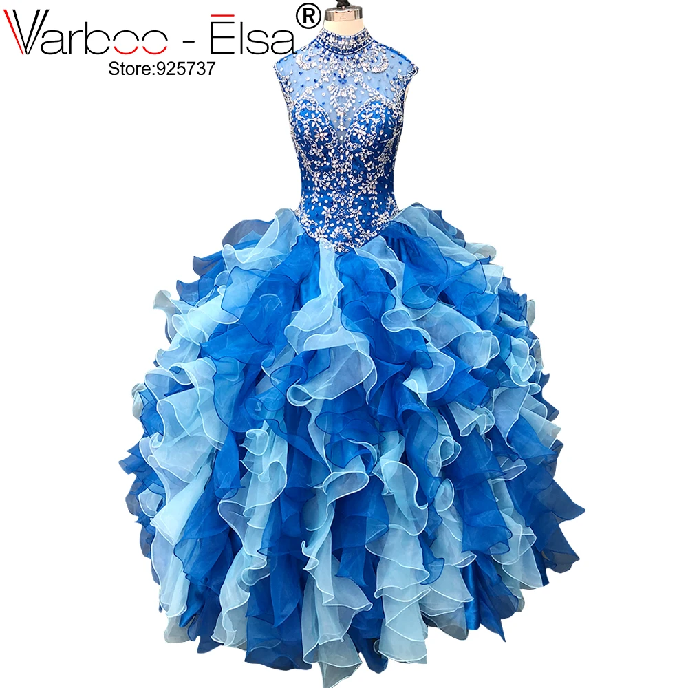 

VARBOO_ELSA High Neck Blue Long Evening Dress Lace Crystal Beaded Vintage Prom Gowns Vestido De Festa Saudi Arabia Evening Gown