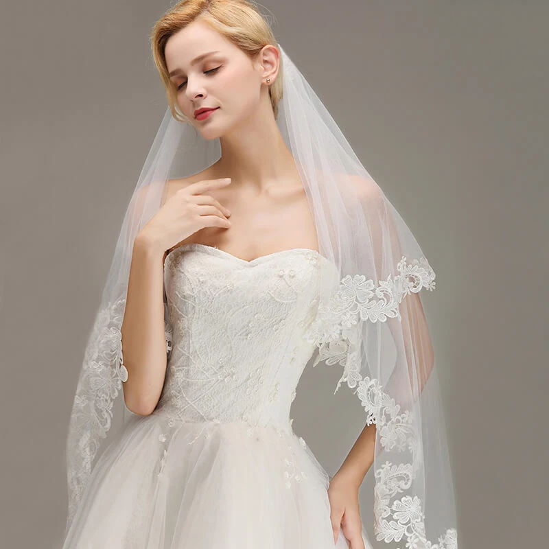 Voile Mariage 1.5M Короткая Фата с Кружевной Кромкой Расческой Двухслойная Вуаль Невесты Дешевые свадебные Аксессуары Veu de Noiva